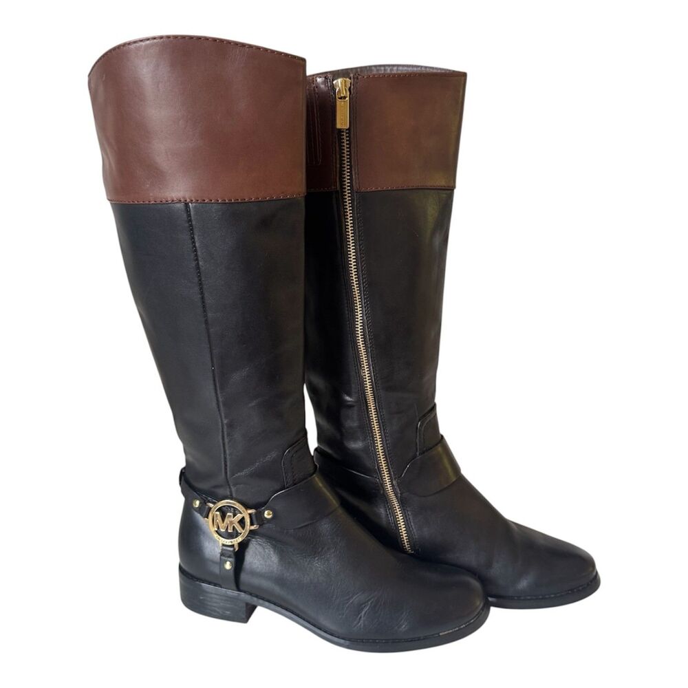 Michael Kors Fulton Harness Riding Boot Black Brown Colorblock Womens 8M